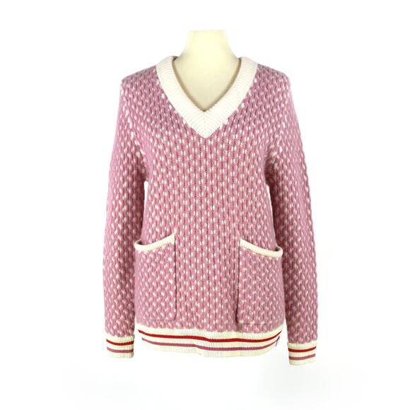 KULE Pink Shelby Patch Pocket Cashmere Sweater Small Ivory Stripe Knit Pullover - Picture 2 of 7